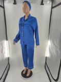 Dark Blue Satin Three Piece Set Printed Long Sleeve Sexy Pajamas with Turban