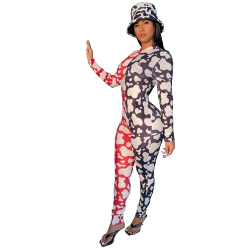 Cow Print Color Block Sexy Jumpsuits Women Long Sleeve Bodycon Rompers One Piece Club Outfits
