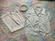 White Satin Three Piece Set Printed Long Sleeve Sexy Pajamas with Turban