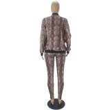 Casual Zipper Three Piece Set Snake Print Wrapped Long Sleeve Cardigan and Trousers