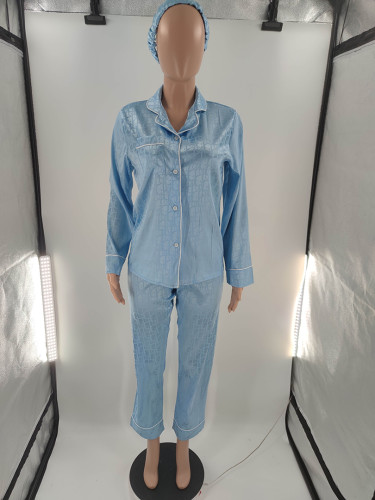 Light Blue Satin Three Piece Set Printed Long Sleeve Sexy Pajamas with Turban
