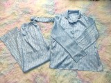 Light Blue Satin Three Piece Set Printed Long Sleeve Sexy Pajamas with Turban