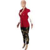 Casual Solid Red Split Joint Buckle Turn-back Collar Outerwear for Women