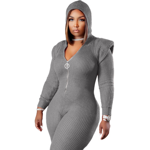 Grey Winter Thicken Knitted Woolen Padded Shoulder Zipper Up Bodycon Long Sleeve Hoodie Jumpsuit