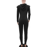Black Winter Thicken Knitted Woolen Padded Shoulder Zipper Up Bodycon Long Sleeve Hoodie Jumpsuit