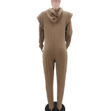 Khaki Winter Thicken Knitted Woolen Padded Shoulder Zipper Up Bodycon Long Sleeve Hoodie Jumpsuit