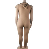 Khaki Winter Thicken Knitted Woolen Padded Shoulder Zipper Up Bodycon Long Sleeve Hoodie Jumpsuit