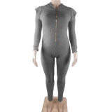 Grey Winter Thicken Knitted Woolen Padded Shoulder Zipper Up Bodycon Long Sleeve Hoodie Jumpsuit