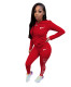 Casual Red Cotton Blended Zipper Sports Embroidery Two Piece Set
