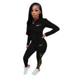 Casual Black Cotton Blended Zipper Sports Embroidery Two Piece Set