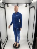 Casual Blue Cotton Blended Zipper Sports Embroidery Two Piece Set