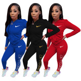 Casual Red Cotton Blended Zipper Sports Embroidery Two Piece Set