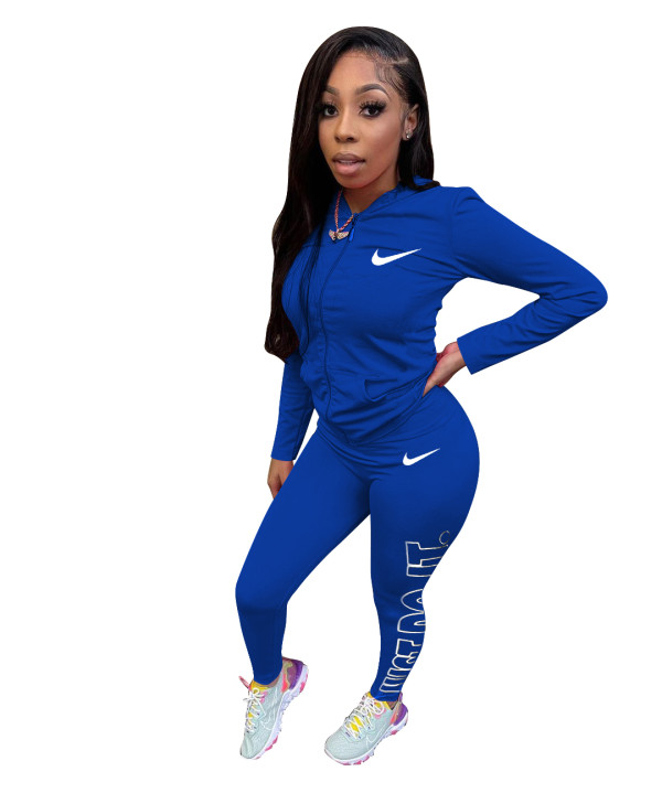 Casual Blue Cotton Blended Zipper Sports Embroidery Two Piece Set