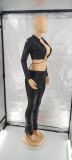 PU Leather Clothing Sexy Hollow Out Crop Top and Split Pants