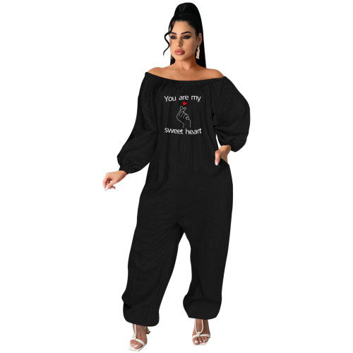 Black Fashion Casual Solid Basic Off the Shoulder Offset Printed Plus Size Jumpsuits (With Pocket and Zipper)