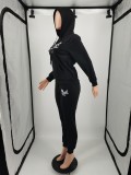 Black Fashion Twill Two Piece Set Casual Embroidery Hooded Sports Sweatshirt Set