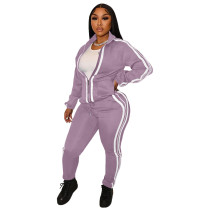 Purple Fashion Solid Black Lapel Two Piece Outfits with Zip Up