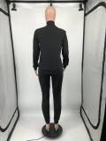 Black Fashion Solid Black Lapel Two Piece Outfits with Zip Up
