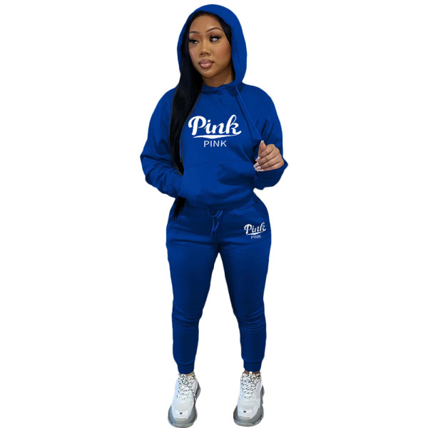 Blue Fashion Twill Two Piece Set Casual Embroidery Hooded Sports Sweatshirt Set