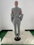 Grey Women Printed Eyelet Lace-up Cold Shoulder Sweatshirt Casual Two Piece Pant Set Going Out