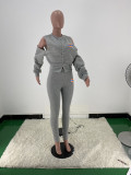 Grey Women Printed Eyelet Lace-up Cold Shoulder Sweatshirt Casual Two Piece Pant Set Going Out