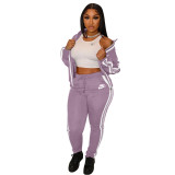 Fashion Casual Purple Lapel Printed Letter Two Piece Outfits with Zip Up