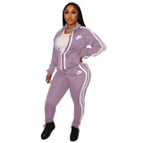 Fashion Casual Purple Lapel Printed Letter Two Piece Outfits with Zip Up