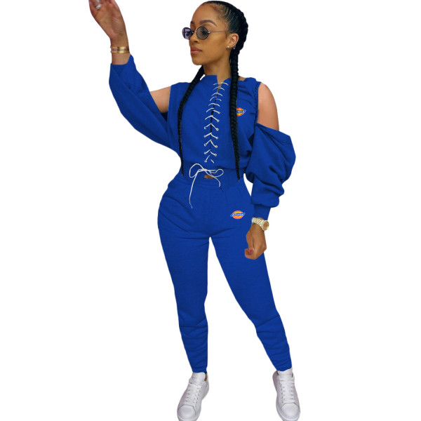 Blue Women Printed Eyelet Lace-up Cold Shoulder Sweatshirt Casual Two Piece Pant Set Going Out