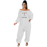 White Fashion Casual Solid Basic Off the Shoulder Offset Printed Plus Size Jumpsuits (With Pocket and Zipper)