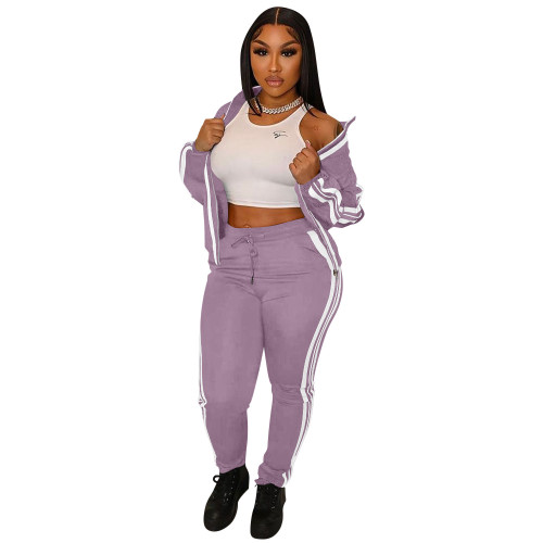 Purple Fashion Solid Black Lapel Two Piece Outfits with Zip Up