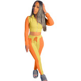 Lady Solid Orange/Yellow Long Sleeve Stitching Lapel Pant Set with Zipper