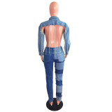 2022 Spring Women Blue Lantern Sleeve Single-breasted Backless Tassel Short Denim Jacket