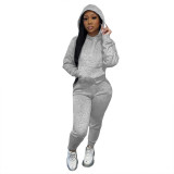 Grey Women Winter Outfits 2 Two Piece Sets Joggers Suit Hooded Activewear Solid Hoodies Sweatpants