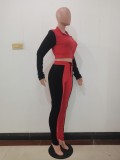 Lady Solid Black/Red Long Sleeve Stitching Lapel Pant Set with Zipper