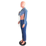 2022 Spring Women Blue Lantern Sleeve Single-breasted Backless Tassel Short Denim Jacket