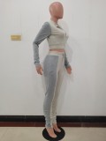 Lady Solid Grey/White Long Sleeve Stitching Lapel Pant Set with Zipper