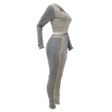 Lady Solid Grey/White Long Sleeve Stitching Lapel Pant Set with Zipper