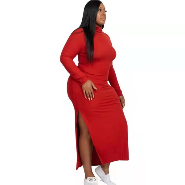 Autumn Winter Red Solid Color High Neck Thread Split Maxi Dress