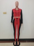 Lady Solid Black/Red Long Sleeve Stitching Lapel Pant Set with Zipper