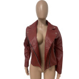 Wine Red Women Clothing Fashion Spring Solid Zipper PU Leather Jacket Casual Coat