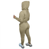 Khaki Women Winter Outfits 2 Two Piece Sets Joggers Suit Hooded Activewear Solid Hoodies Sweatpants
