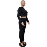Black Women Winter Outfits 2 Two Piece Sets Joggers Suit Hooded Activewear Solid Hoodies Sweatpants