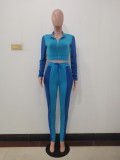 Lady Solid Blue Long Sleeve Stitching Lapel Pant Set with Zipper