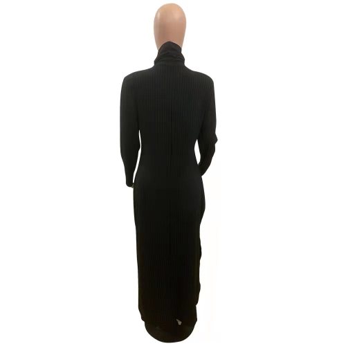 Autumn Winter Black Solid Color High Neck Thread Split Maxi Dress