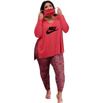Casual Red Split Leopard Print Letter Two Piece Set without Mask