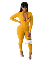 Fashion Yellow Yoga Clothes Letter Pyrography Zipper One Piece Jumpsuits