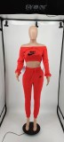 Fashion Red Printed Sports Running Clothing Women Long Sleeve Off Shoulder Crop Top Trousers