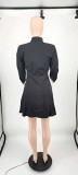 Solid Color Black Long Sleeve Printing Shirt Pleated Dress