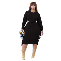 Casual Solid Fat Woman Tassel O Neck Plus Size Black Two Pieces Midi Skirt Set For Winter