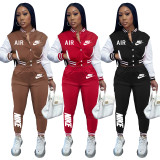 Autumn Casual Red/White Women Air Layer Printed Tracksuit 2 Piece Set Long Sleeve Baseball Female Matching Outfits